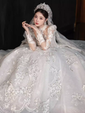 Cifeeo- Elegant Ball Gown High neckline Long Sleeves Satin Wedding Dresses C210