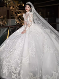 Cifeeo- Elegant Ball Gown High neckline Long Sleeves Satin Wedding Dresses C210