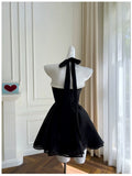 Cifeeo-back to school outfits Modest A line Halter Black Short Homecoming Dresses Tulle Birthday Outfits C2220