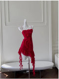 Cifeeo-back to school outfits Modest Sheath Spaghetti Straps Red Chiffon Ruffled Short Homecoming Dresses Birthday Outfits C2223