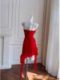 Cifeeo-back to school outfits Modest Sheath Spaghetti Straps Red Chiffon Ruffled Short Homecoming Dresses Birthday Outfits C2223