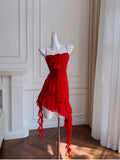 Cifeeo-back to school outfits Modest Sheath Spaghetti Straps Red Chiffon Ruffled Short Homecoming Dresses Birthday Outfits C2223