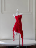 Cifeeo-back to school outfits Modest Sheath Spaghetti Straps Red Chiffon Ruffled Short Homecoming Dresses Birthday Outfits C2223