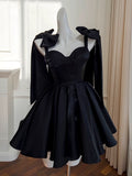 Cifeeo-back to school outfits Modest A line Straps Black Short Homecoming Dresses Birthday Outfits With Bow C2225