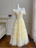 Cifeeo-back to school outfits Modest A Line Scoop Neckline Yellow Lace Homecoming Dresses Birthday Outfits With Beads C2228