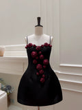 Cifeeo-back to school outfits Cute A Line Straps Black Satin Homecoming Dresses Birthday Outfits With Flowers C2231