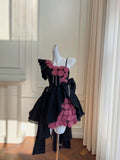 Cifeeo-back to school outfits Pretty Ball Gown Straps Black Satin Flowers Homecoming Dresses Birthday Outfits With Bow C2236