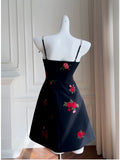 Cifeeo-back to school outfits Simple A Line Spaghetti Straps Short Black Satin Floral Homecoming Dresses Birthday Outfit C2274