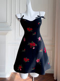 Cifeeo-back to school outfits Simple A Line Spaghetti Straps Short Black Satin Floral Homecoming Dresses Birthday Outfit C2274