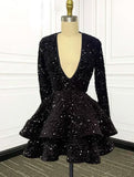 Cifeeo-back to school outfits Sexy A line V Neckline Women Sequin Black Homecoming Dress With Ruffles C2429