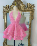 Cifeeo-back to school outfits Sparkly Prom Dresses Short Sequin Halter Tiered Glitter Homecoming Dresses C2433