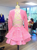Cifeeo-back to school outfits Cocktail Dresses A-Line V-Neck Long Sleeve Shiny Sequin Homecoming Dresses C2437