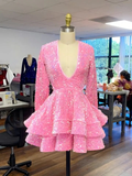 Cifeeo-back to school outfits Cocktail Dresses A-Line V-Neck Long Sleeve Shiny Sequin Homecoming Dresses C2437