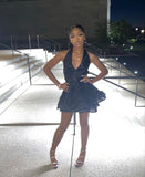 Cifeeo-back to school outfits Sexy A line V Neckline Women Sequin Black Homecoming Dress With Ruffles C2439