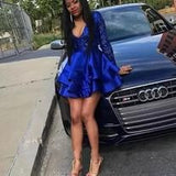 Cifeeo-back to school outfits Long Sleeves V-Neck Lace Prom Dress Sequins Blue Short Homecoming Dresses C2441