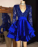 Cifeeo-back to school outfits Long Sleeves V-Neck Lace Prom Dress Sequins Blue Short Homecoming Dresses C2441