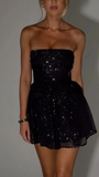 Cifeeo-back to school outfits Sparkling V-neck A-line Mini Prom Dress With Bow Black Homecoming Dresses C2444