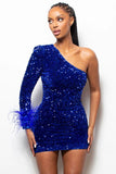 Cifeeo-back to school outfits Sparkly One Shoulder Bodycon Velvet Feather Sequin Party Mini Dress Homecoming Dresses C2447