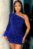 Cifeeo-back to school outfits Sparkly One Shoulder Bodycon Velvet Feather Sequin Party Mini Dress Homecoming Dresses C2447