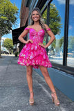 Cifeeo-back to school outfits Pretty A-Line Off the Shoulder Hot Pink Sequin Lace Short Homecoming Dresses C2463