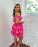 Cifeeo-back to school outfits Pretty A-Line Off the Shoulder Hot Pink Sequin Lace Short Homecoming Dresses C2463