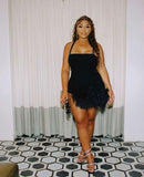 Cifeeo-back to school outfits Sexy Sheath Halter Black Satin Homecoming Dresses Short Hoco Dress With Feather C2538