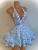Cifeeo-back to school outfits Sexy Ball Gown Halter White Sequin Homecoming Dresses Short Hoco Dress With Backless C2539