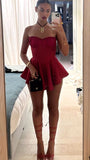 Cifeeo-back to school outfits Cute A Line Strapless Burgundy Sleeveless Satin Homecoming Dresses Short Cocktail Dress C2551