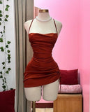 Cifeeo-back to school outfits Simple Sheath Halter Burgundy Satin Homecoming Dresses Short Cocktail Dress With Ruffles C2554