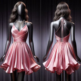 Cifeeo-back to school outfits Simple A Line Halter Pink Short Birthday Outfits Satin Homecoming Dresses C2604