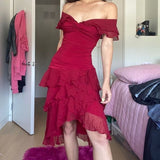 Cifeeo-back to school outfits 20th Birthday High Low Off The Shoulder Burgundy Chiffon Homecoming Dresses Short Party Dress C2917