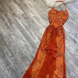 Cifeeo-Thanksgiving Cyber Monday Christmas Gorgeous Mermaid Halter Orange Long Tulle Prom Dresses Beads Evening Dress C2992