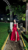 Cifeeo-Cyber Monday Christmas party outfits Modest A Line Sweetheart Red Satin Long Slit Prom Dresses Evening Dress C3053