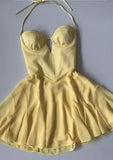 Cifeeo-back to school outfits 16th Birthday A Line Halter Yellow Homecoming Dresses Short Mini Birthday Dress C3102