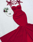 Cifeeo-Cyber Monday Christmas party outfits Pretty Mermaid Spaghetti Straps Red Long Party Dress, Satin Prom Dress C3124