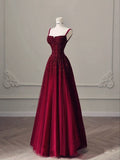 Cifeeo-Cyber Monday Christmas party outfits Elegant A Line Straps Burgundy Tulle Satin Long Prom Dresses Evening Dress C3163