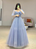 Cifeeo-Cyber Monday Christmas party outfits Chic Ball Gown Strapless Blue Tulle Long Prom Dresses With Beads Party Dress C3209