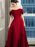 Cifeeo-Cyber Monday Christmas party outfits Elegant A line Off The Shoulder Red Satin Party Dress Prom Dresses Evening Dress C3212