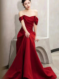 Cifeeo-Cyber Monday Christmas party outfits Elegant A line Off The Shoulder Red Satin Party Dress Prom Dresses Evening Dress C3212