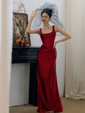 Cifeeo-Cyber Monday Christmas party outfits Simple A-line Square Neckline Satin Red Long Evening Dress Prom Dress C3218