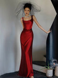 Cifeeo-Cyber Monday Christmas party outfits Simple A-line Square Neckline Satin Red Long Evening Dress Prom Dress C3218