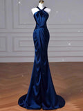 Cifeeo-Cyber Monday Christmas party outfits Sexy Mermaid High Neckline Navy Blue Satin Evening Dress Long Prom Dresses Party Dress With Ruffles C3231