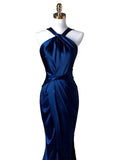 Cifeeo-Cyber Monday Christmas party outfits Sexy Mermaid High Neckline Navy Blue Satin Evening Dress Long Prom Dresses Party Dress With Ruffles C3231