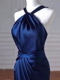 Cifeeo-Cyber Monday Christmas party outfits Sexy Mermaid High Neckline Navy Blue Satin Evening Dress Long Prom Dresses Party Dress With Ruffles C3231