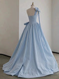 Cifeeo-Cyber Monday Christmas party outfits Elegant Ball Gown One Shoulder Light Sky Blue Satin Flowers Long Prom Dress Evening Dress C3232