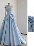 Cifeeo-Cyber Monday Christmas party outfits Elegant Ball Gown One Shoulder Light Sky Blue Satin Flowers Long Prom Dress Evening Dress C3232