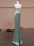 Cifeeo-Cyber Monday Christmas party outfits Sexy Mermaid Strapless Green Satin Evening Dress Long Prom Dresses Party Dress With Ruffles C3234