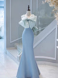 Cifeeo-Cyber Monday Christmas party outfits Elegant Mermaid One Shoulder Light Sky Blue Satin Bow Long Prom Dress Evening Dress C3235