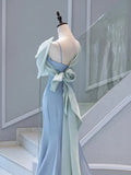 Cifeeo-Cyber Monday Christmas party outfits Elegant Mermaid One Shoulder Light Sky Blue Satin Bow Long Prom Dress Evening Dress C3235