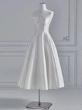 Cifeeo- Chic A line Spaghetti Straps Tea Length White Satin Wedding Dresses With Lace C3256